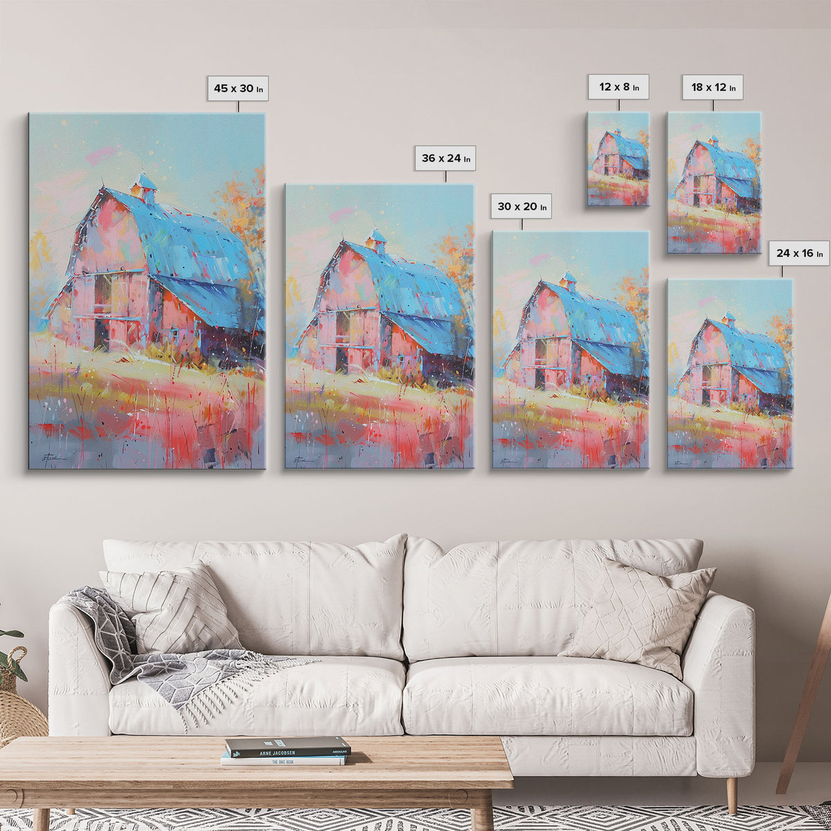 Charming Barn with Blue Roof in Pastel Colors - Framed Canvas Print, Rustic Farmhouse Decor, Country Art for Home, Living Room Wall Art