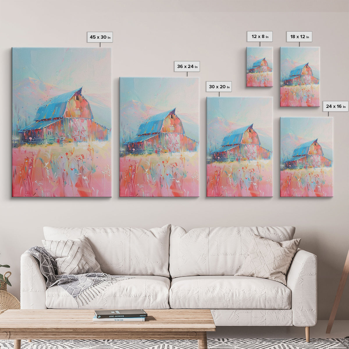 Idyllic Pastel Barn Scene in Vibrant Colors - Framed Canvas Print, Farmhouse Decor, Countryside Art for Bedroom, Rustic Wall Art Living Room