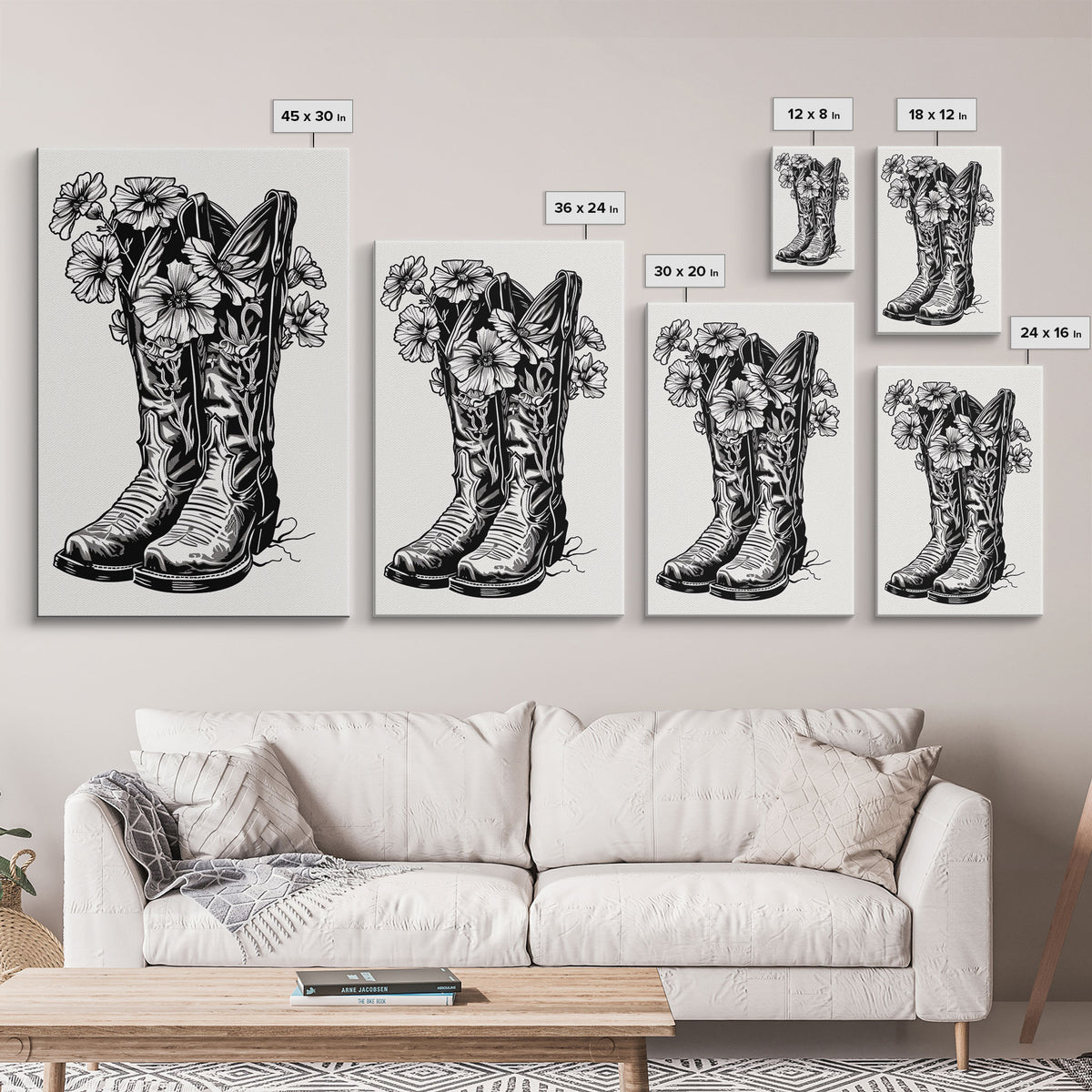 Floral Cowboy Boots Art Print, Retro Western Framed Canvas, Vintage Flower Boots Artwork, Unique Wall Decor for Home