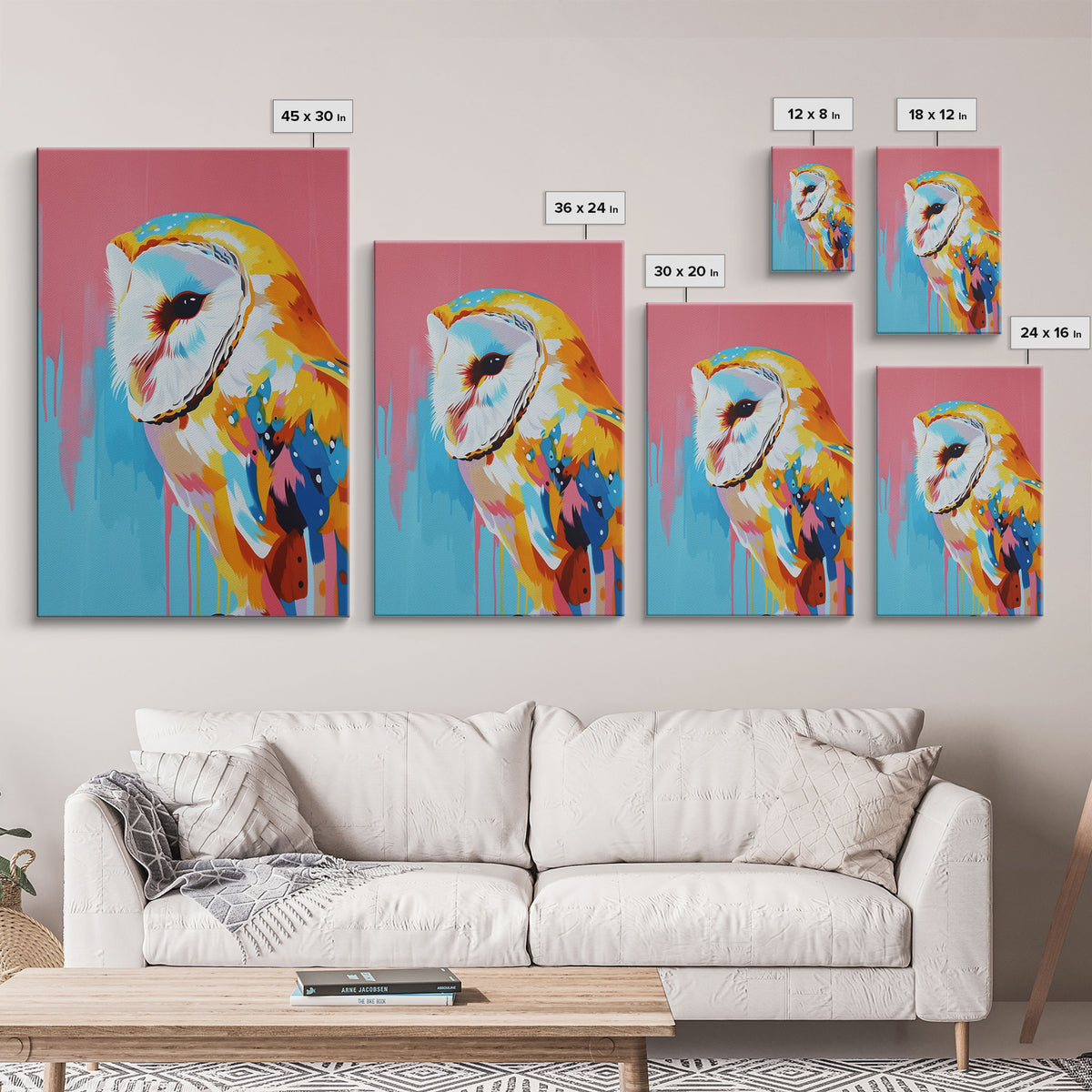 Colorful Owl Pop Art on Pink and Blue Background - Framed Canvas Print, Bird Decor, Owl Art for Living Room, Vibrant Wall Art for Bedroom