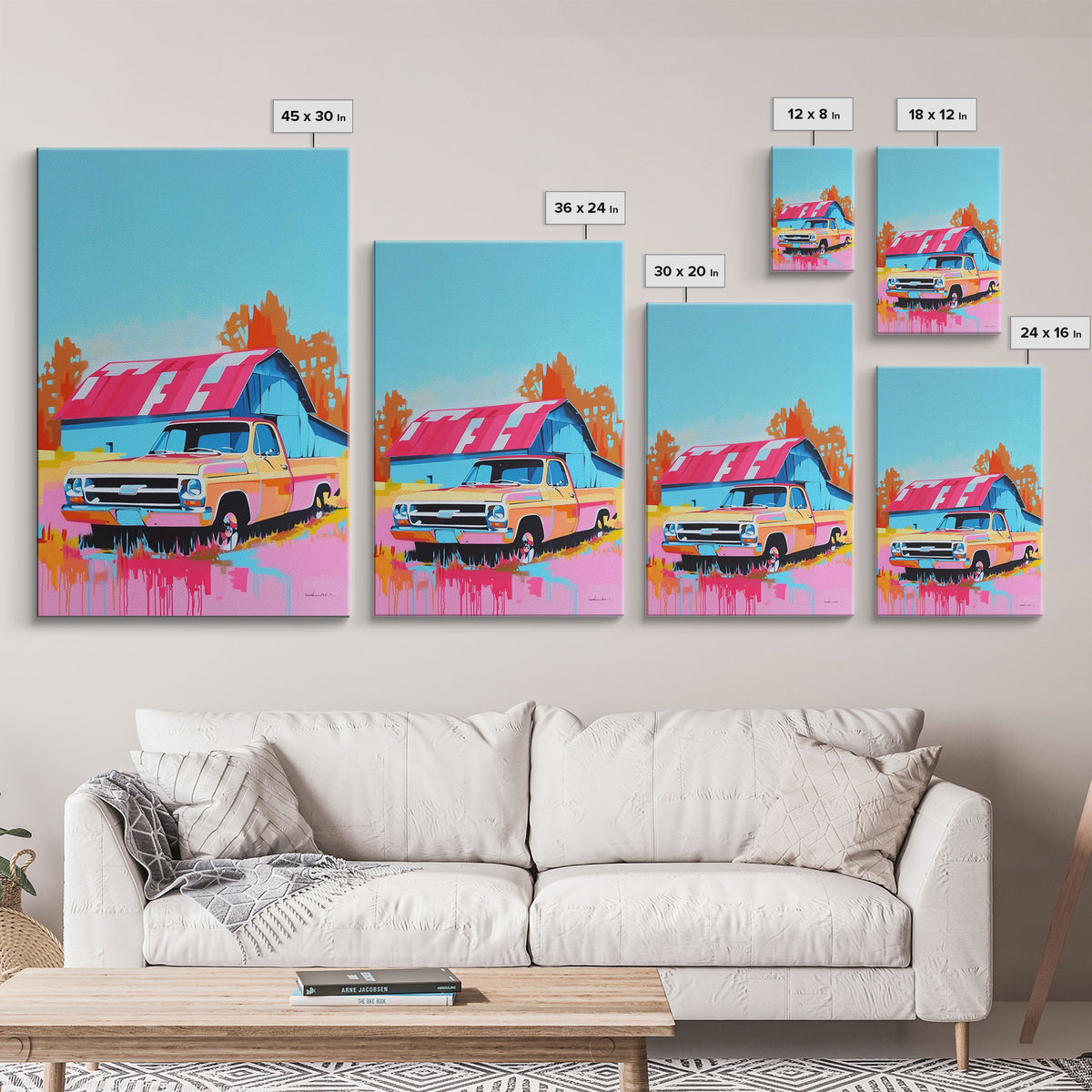 Vintage Truck with Colorful Barn in Background - Framed Canvas Print, Retro Decor, Truck Art for Bedroom, Farmhouse Wall Art for Living Room