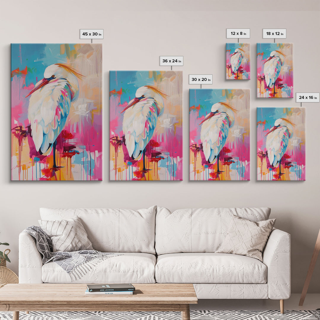Elegant White Bird in Colorful Abstract Background - Framed Canvas Print, Bird Decor Modern Art for Living Room Vibrant Wall Art for Bedroom