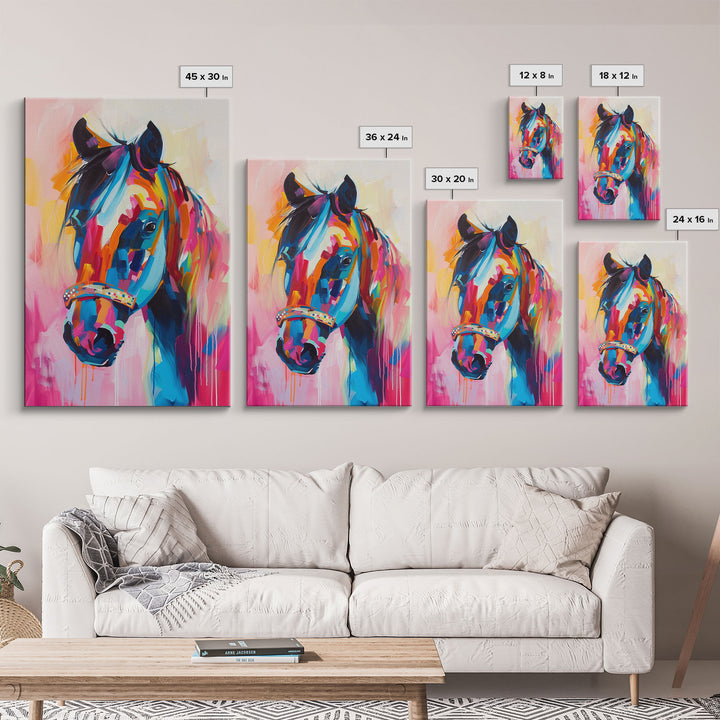 Colorful Horse Portrait in Pop Art Style - Framed Canvas Print, Horse Decor, Equestrian Art for Living Room, Bright Wall Art for Bedroom