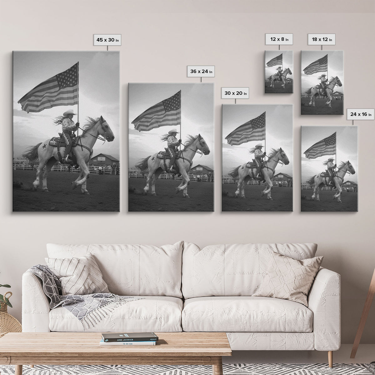 Cowgirl with American Flag Art Print, Western Rodeo Framed Canvas, Vintage Black and White Photography, Unique Home Decor