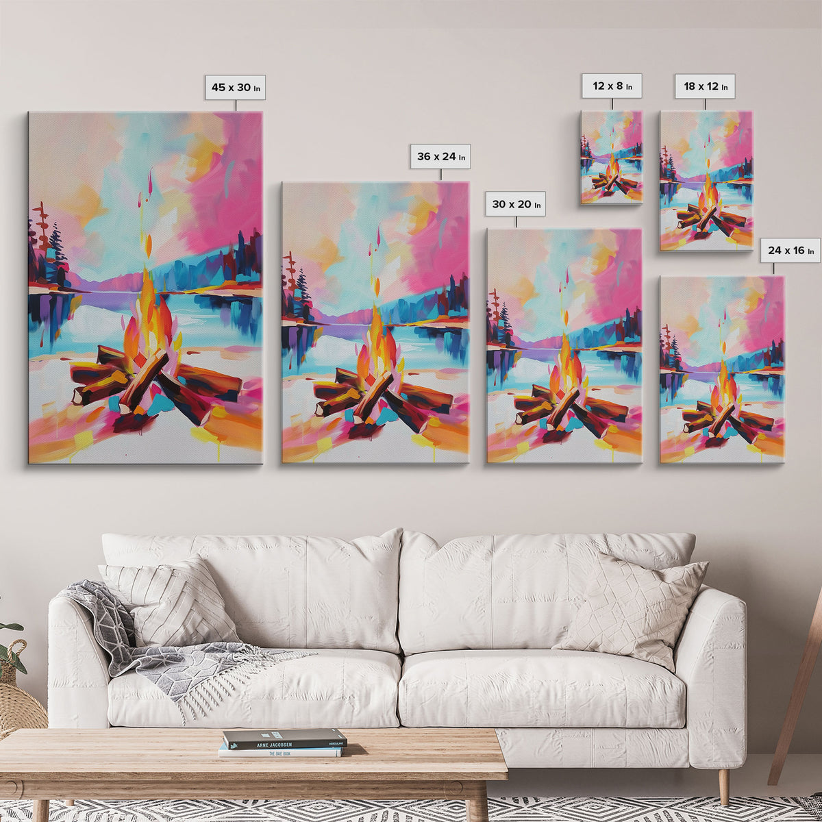 Campfire by the Lake Framed Canvas Print - Colorful Nature Wall Art, Living Room Decor, Modern Artwork, Unique Fire Art for Bedroom Office