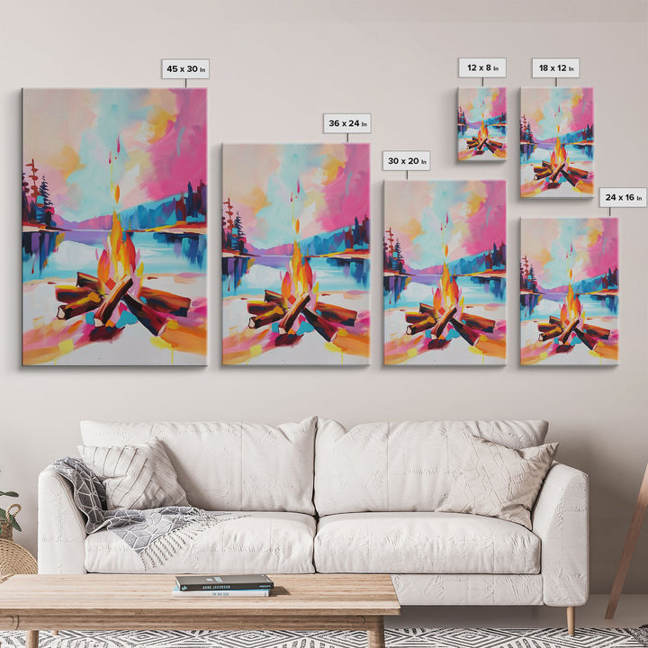 Campfire by the Lake Framed Canvas Print - Colorful Nature Wall Art, Living Room Decor, Modern Artwork, Unique Fire Art for Bedroom Office