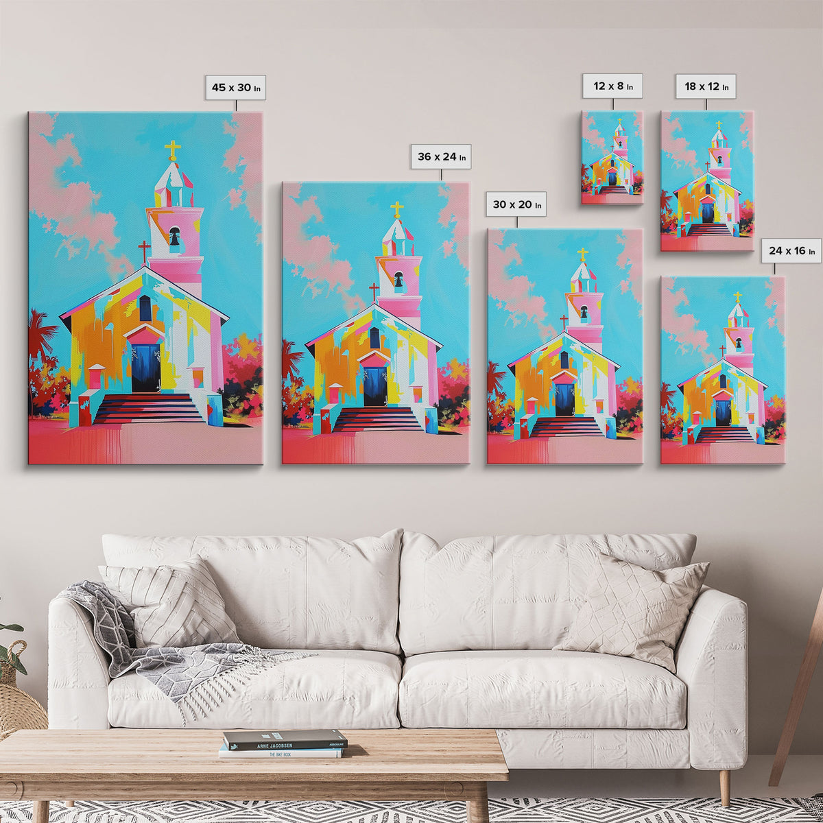 Vibrant Church Art in Pastel Hues - Framed Canvas Print, Colorful Religious Decor, Contemporary Church Wall Art for Living Room or Bedroom