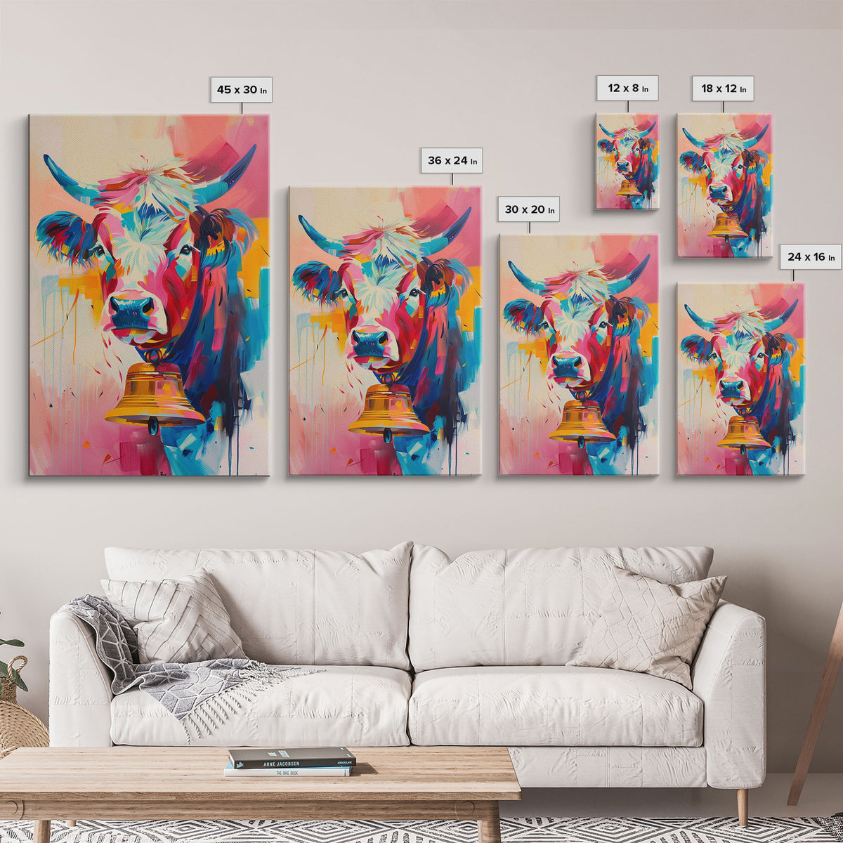 Expressive Cow Art in Bold Hues - Framed Canvas Print, Colorful Animal Decor, Modern Farmhouse Wall Art for Living Room or Bedroom