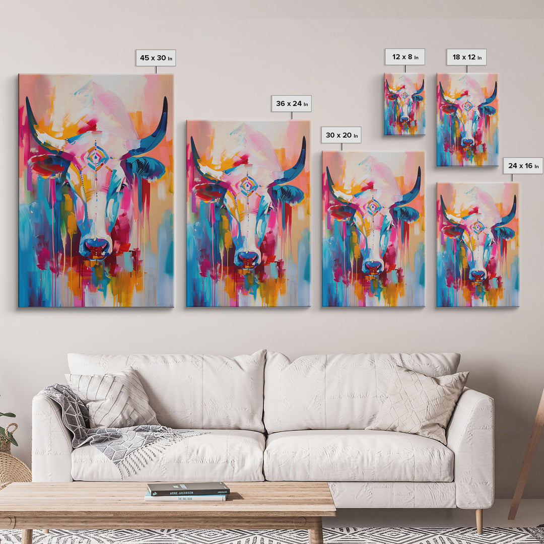 Colorful Bull Painting with Abstract Style - Framed Canvas Print, Bold Animal Wall Art, Modern Bull Decor for Living Room or Bedroom