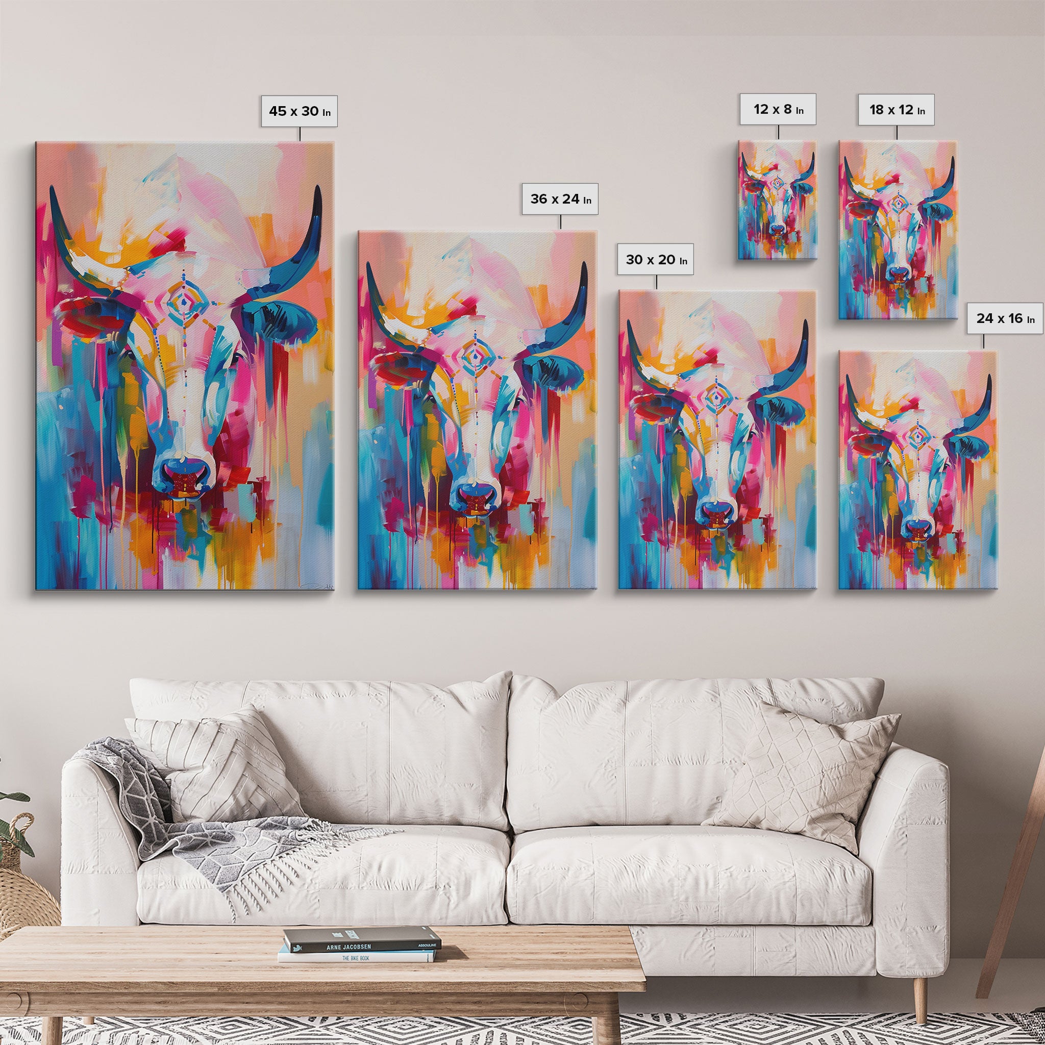 Colorful Bull Painting with Abstract Style - Framed Canvas Print, Bold Animal Wall Art, Modern Bull Decor for Living Room or Bedroom