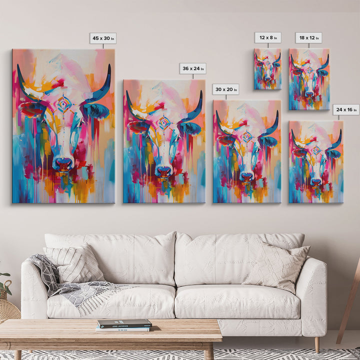 Colorful Bull Painting with Abstract Style - Framed Canvas Print, Bold Animal Wall Art, Modern Bull Decor for Living Room or Bedroom