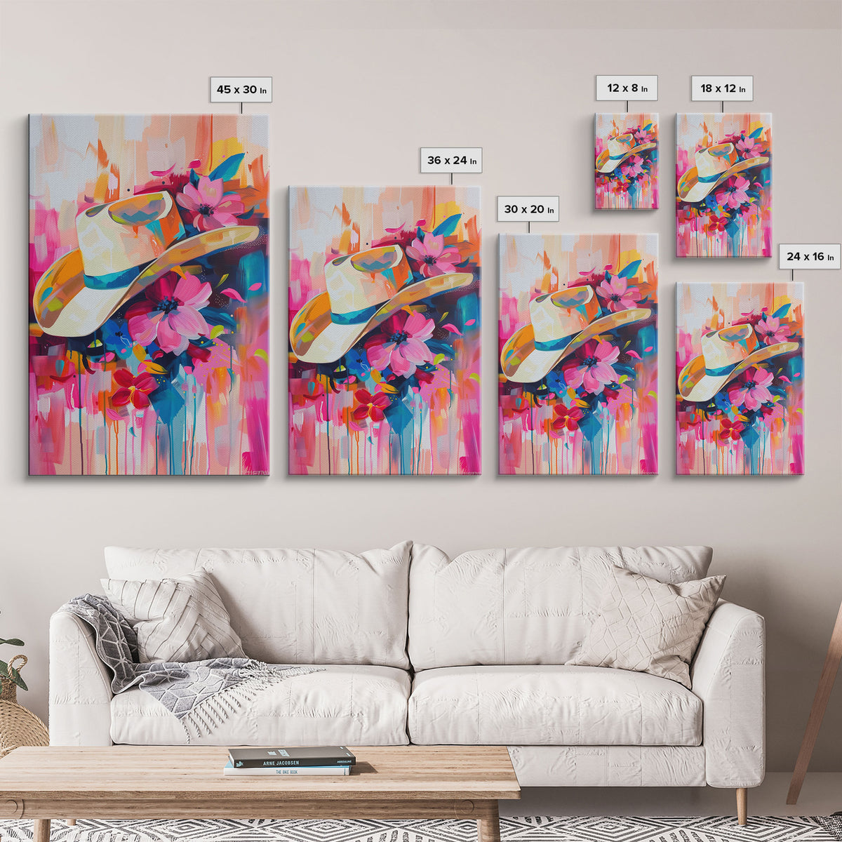 Cowboy Hat with Flowers in Bold Colors - Framed Canvas Print, Vibrant Western Decor, Colorful Hat Wall Art for Living Room or Bedroom