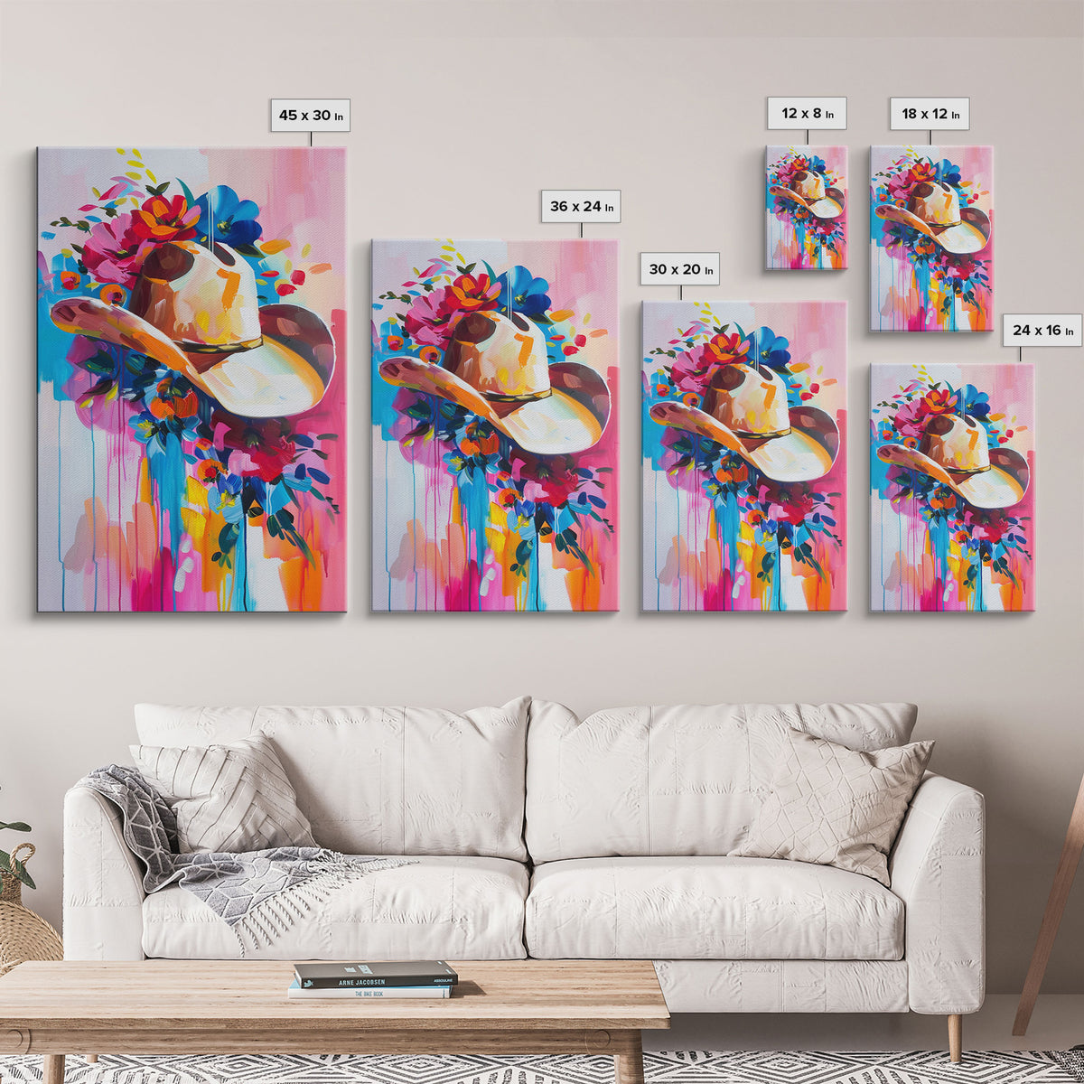 Colorful Cowboy Hat with Floral Accents - Framed Canvas Print, Modern Western Decor, Bold Hat Wall Art for Living Room or Bedroom