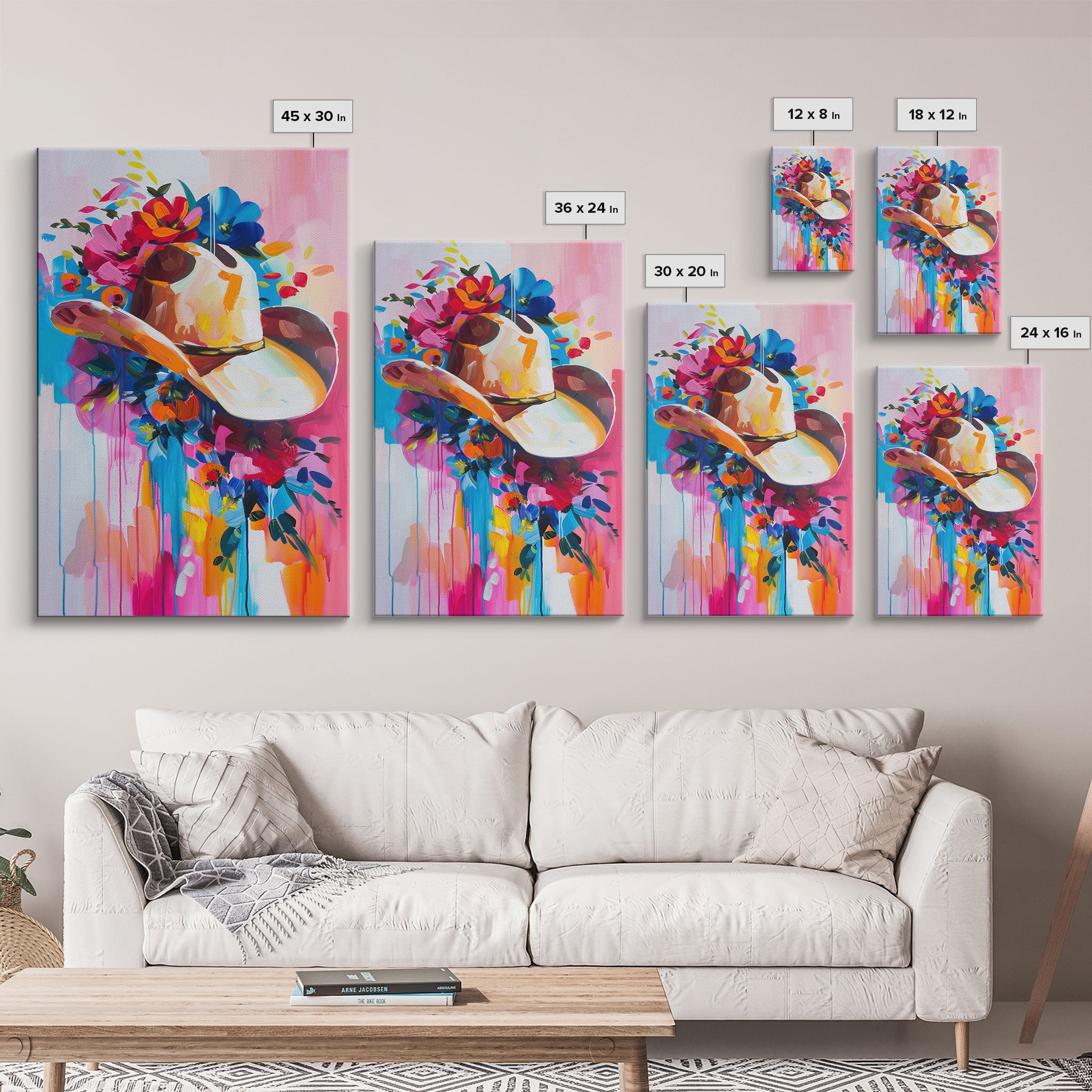 Colorful Cowboy Hat with Floral Accents - Framed Canvas Print, Modern Western Decor, Bold Hat Wall Art for Living Room or Bedroom