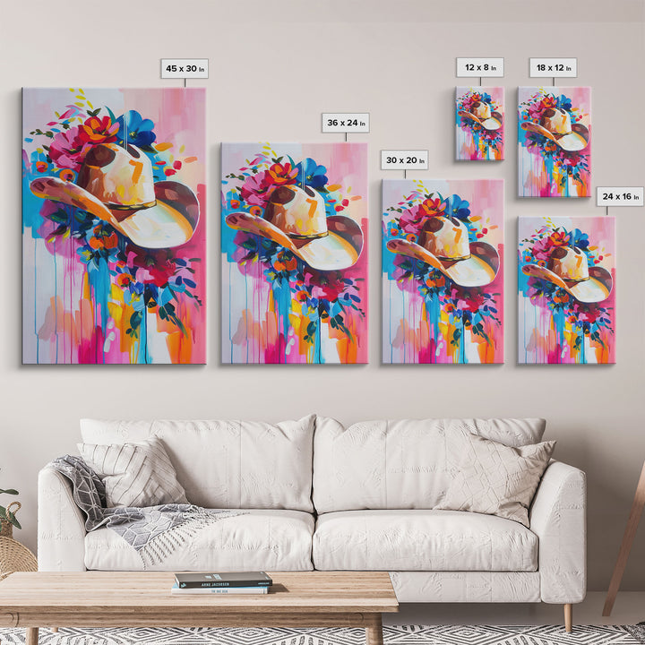 Colorful Cowboy Hat with Floral Accents - Framed Canvas Print, Modern Western Decor, Bold Hat Wall Art for Living Room or Bedroom