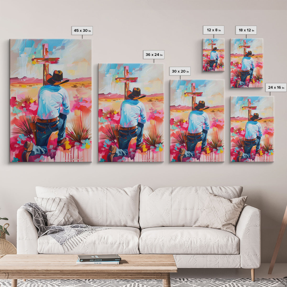 Cowboy Praying by the Cross in Vibrant Colors - Framed Canvas Print, Colorful Western Decor, Modern Cowboy Wall Art for Living Room Bedroom