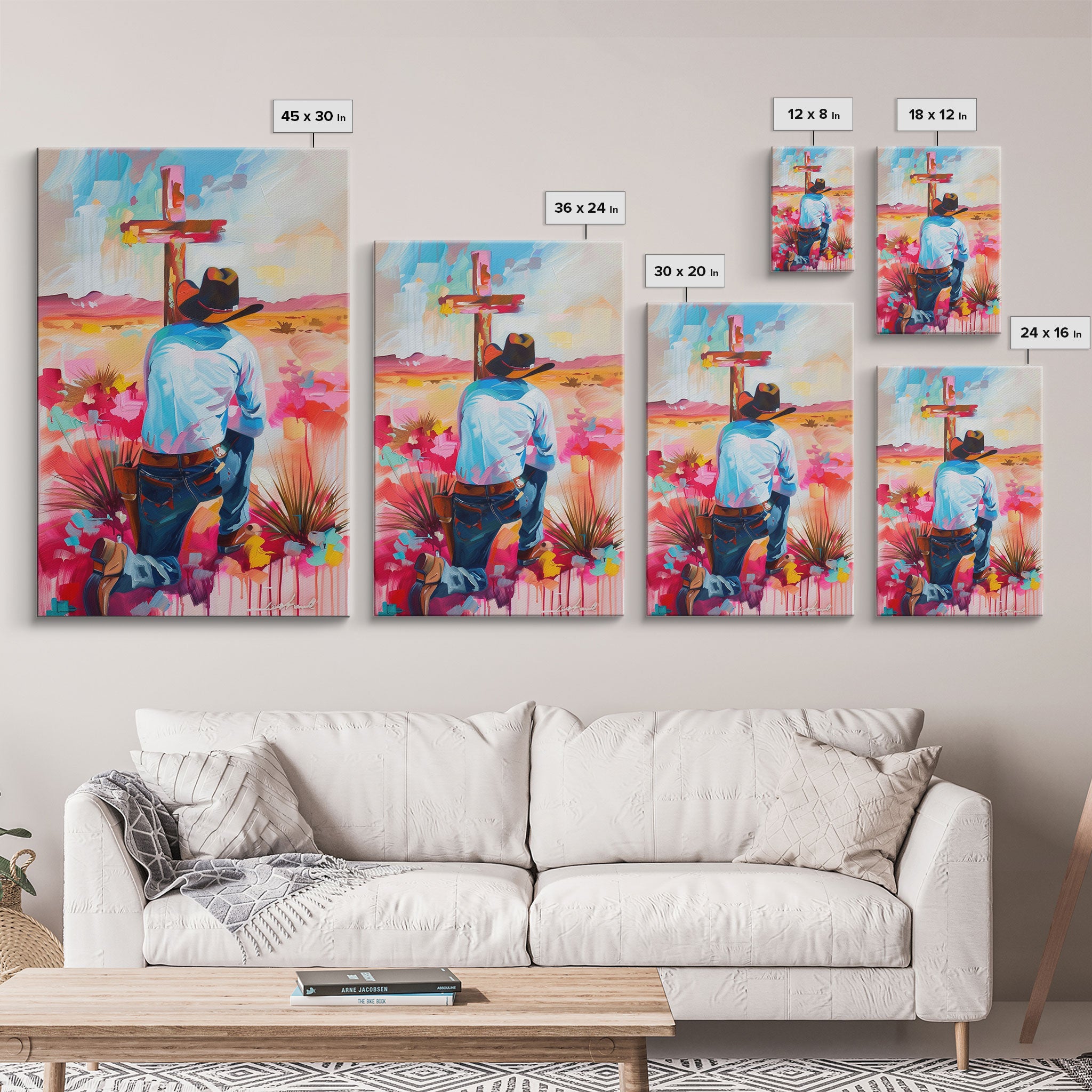 Cowboy Praying by the Cross in Vibrant Colors - Framed Canvas Print, Colorful Western Decor, Modern Cowboy Wall Art for Living Room Bedroom