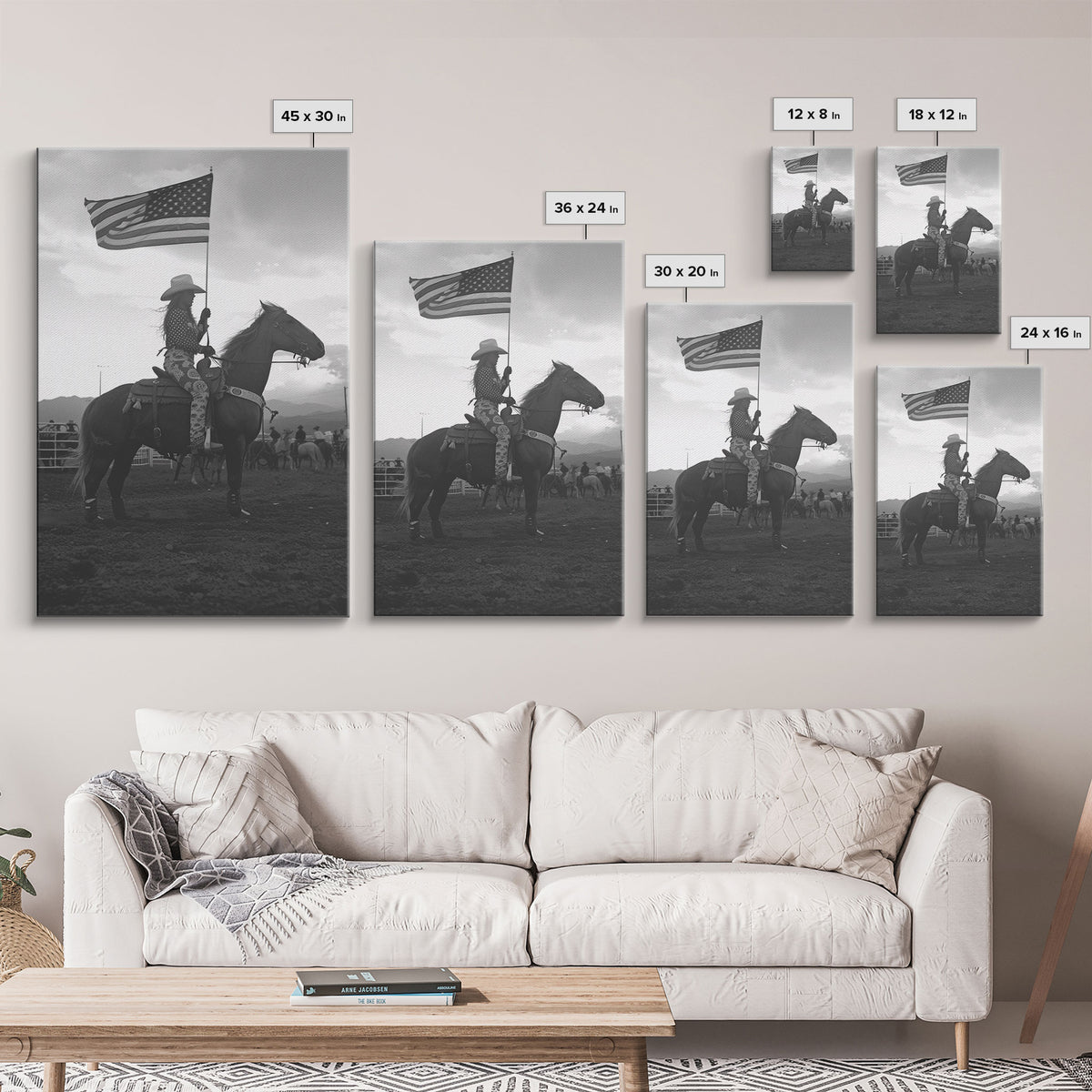 Cowgirl Riding with Flag Art Print, Western Rodeo Framed Canvas, Vintage Black and White Photography, Unique Home Decor