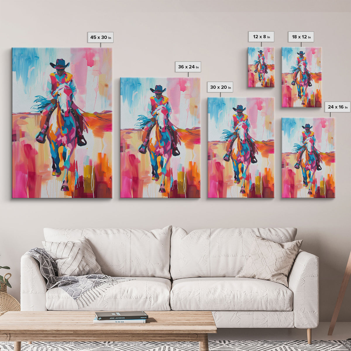 Colorful Cowboy on Horseback Art - Framed Canvas Print, Western Decor, Dynamic Living Room Wall Art, Horse Rider Artwork