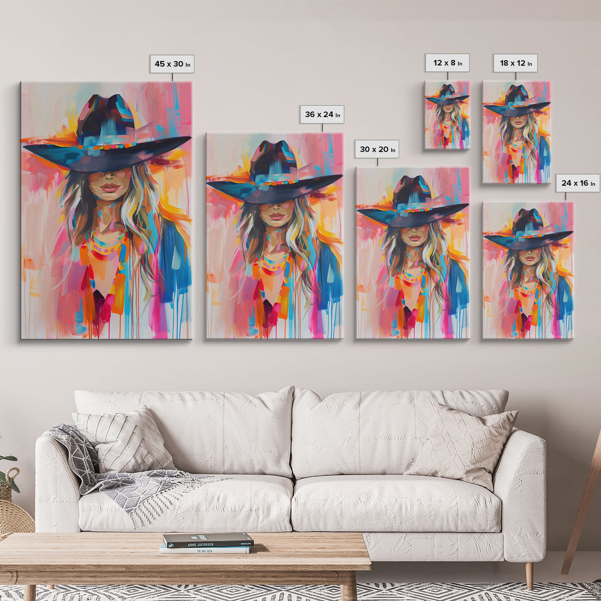 Modern Cowgirl in Hat Art - Framed Canvas Print, Stylish Bedroom Wall Art, Vibrant Living Room Decor, Contemporary Cowgirl Portrait