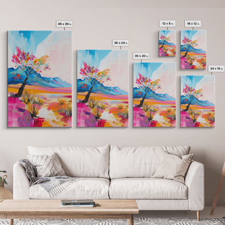 Bright Desert Tree Art - Framed Canvas Print, Southwestern Decor, Colorful Living Room Wall Art, Modern Desert Landscape