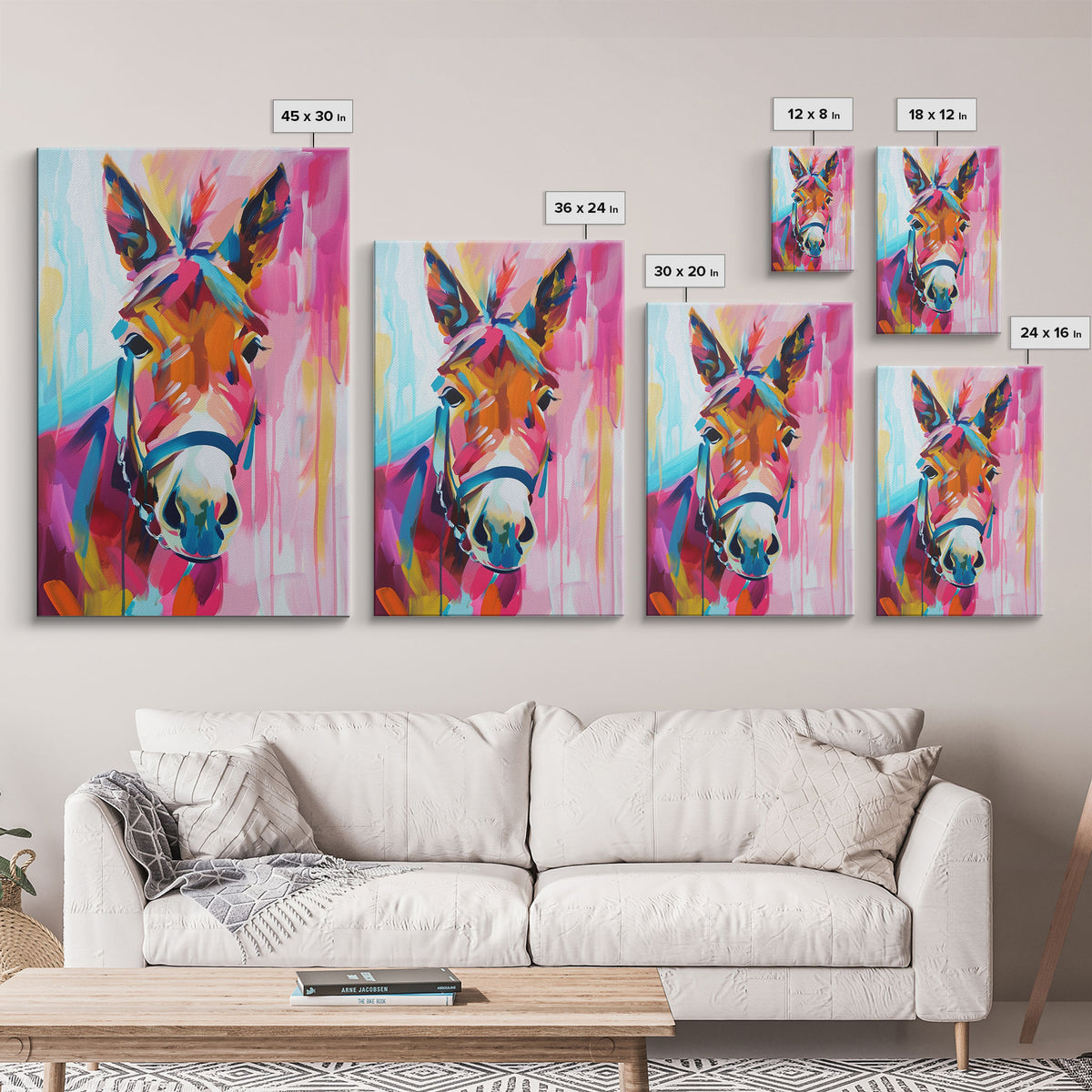 Colorful Donkey Portrait Art - Framed Canvas Print, Southwestern Decor, Vibrant Living Room Wall Art, Modern Animal Portrait