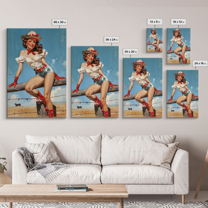 Retro Cowgirl Pin-Up Art Print, Framed Canvas Western Decor, Vintage Pin-Up Girl in Red Boots, Classic Western Artwork for Home