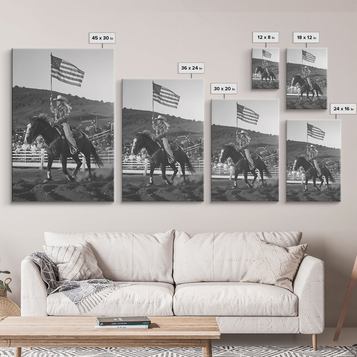 Cowgirl Flag Bearer Art Print, Western Rodeo Framed Canvas, Vintage Black and White Photography, Unique Wall Decor