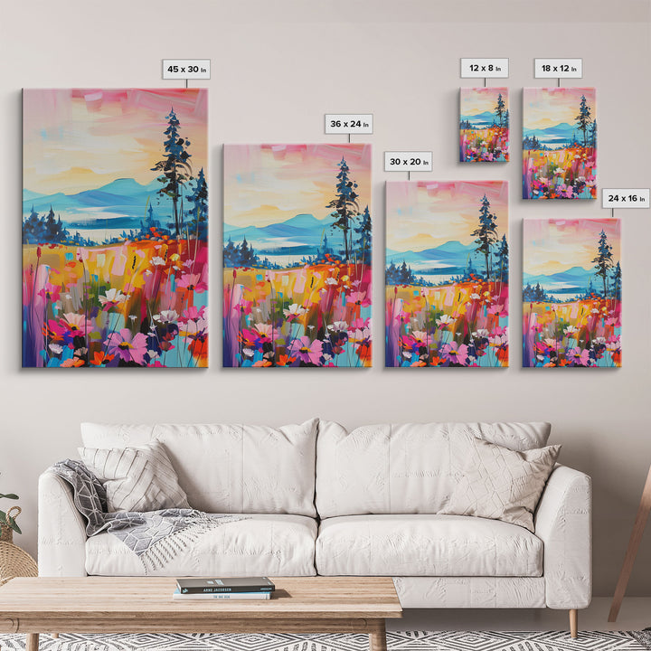 Serene Landscape with Wildflowers Framed Canvas Print - Pastel Sunset Wall Art, Tranquil Living Room Decor, Nature-Inspired Bedroom Art