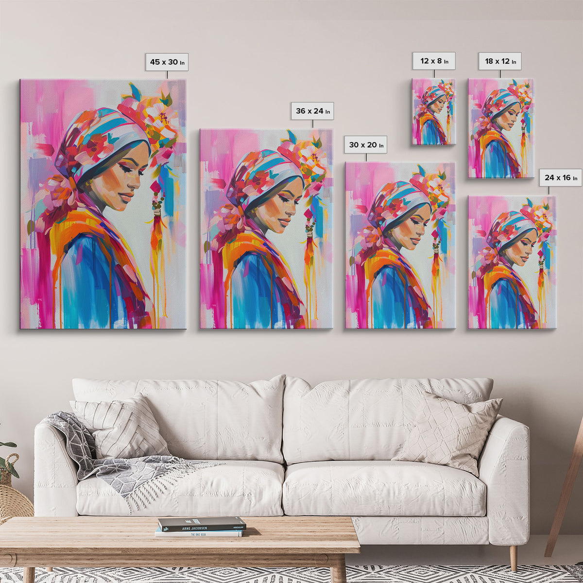 Portrait of Woman in Floral Headscarf Framed Canvas Print - Elegant Wall Art, Feminine Living Room Decor, Artistic Bedroom Art