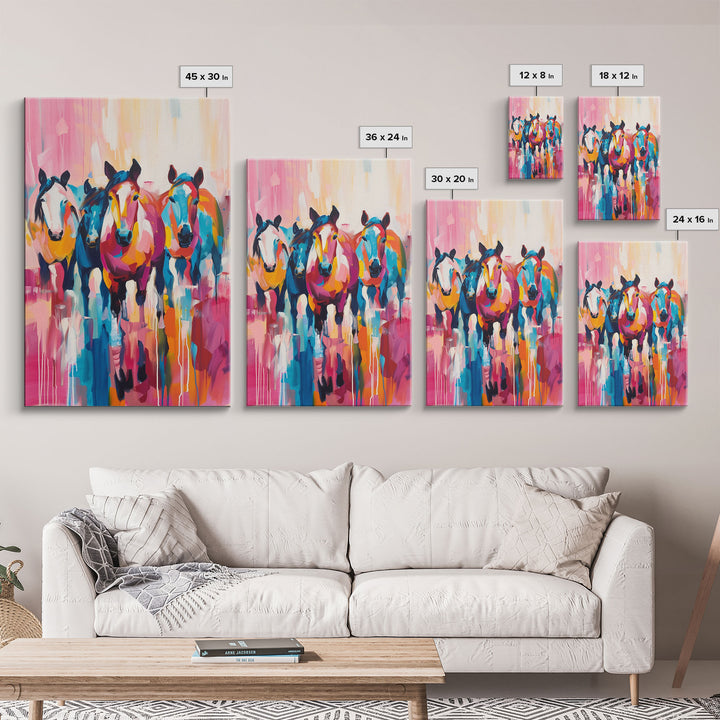 Colorful Horses Running Framed Canvas Print - Vibrant Horse Wall Art, Energetic Living Room Decor, Dynamic Bedroom Art, Equestrian Art