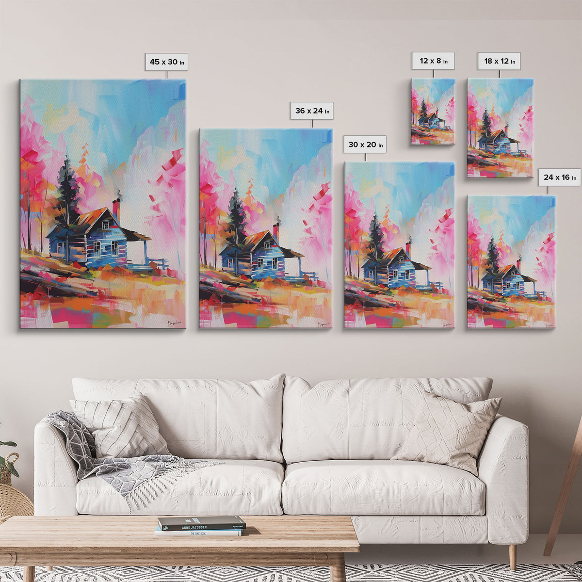 Cozy Cabin in Colorful Forest Framed Canvas Print - Charming Cottage Wall Art, Cozy Living Room Decor, Warm Bedroom Art, Rustic Home Decor