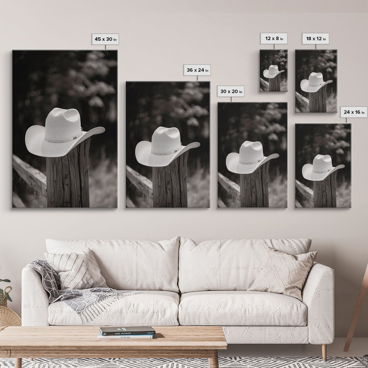 Cowboy Hat on a Wooden Fence Post in Rustic Black and White Photography for Western Home Decor, Canvas Prints, Wall Art for Living Room