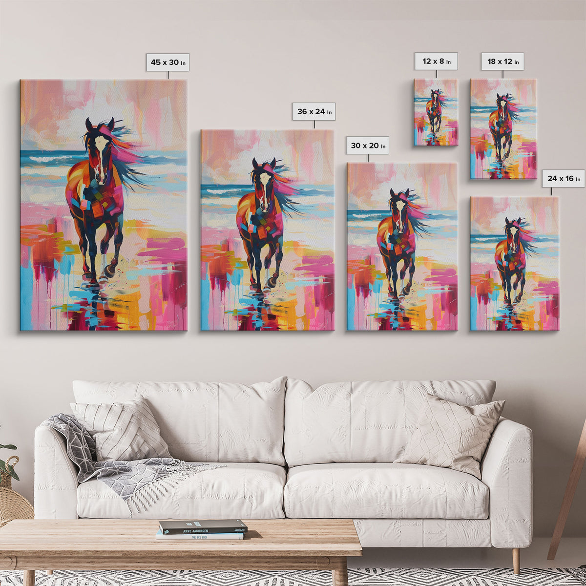 Horse on Beach in Bold Colors Framed Canvas Print - Beach Horse Wall Art, Colorful Living Room Decor, Bedroom Art, Coastal Equestrian Art