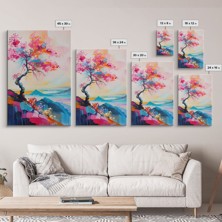 Colorful Tree on a Cliff - Framed Canvas Print, Vibrant Wall Art, Living Room Decor, Modern Nature Artwork, Bold Tree Art, Bedroom Decor