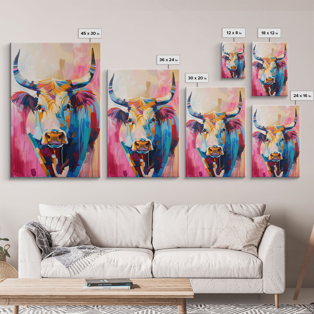 Colorful Cow Portrait - Framed Canvas Print, Vibrant Wall Art, Modern Living Room Decor, Bold Animal Artwork, Cow Art Print, Bedroom Decor