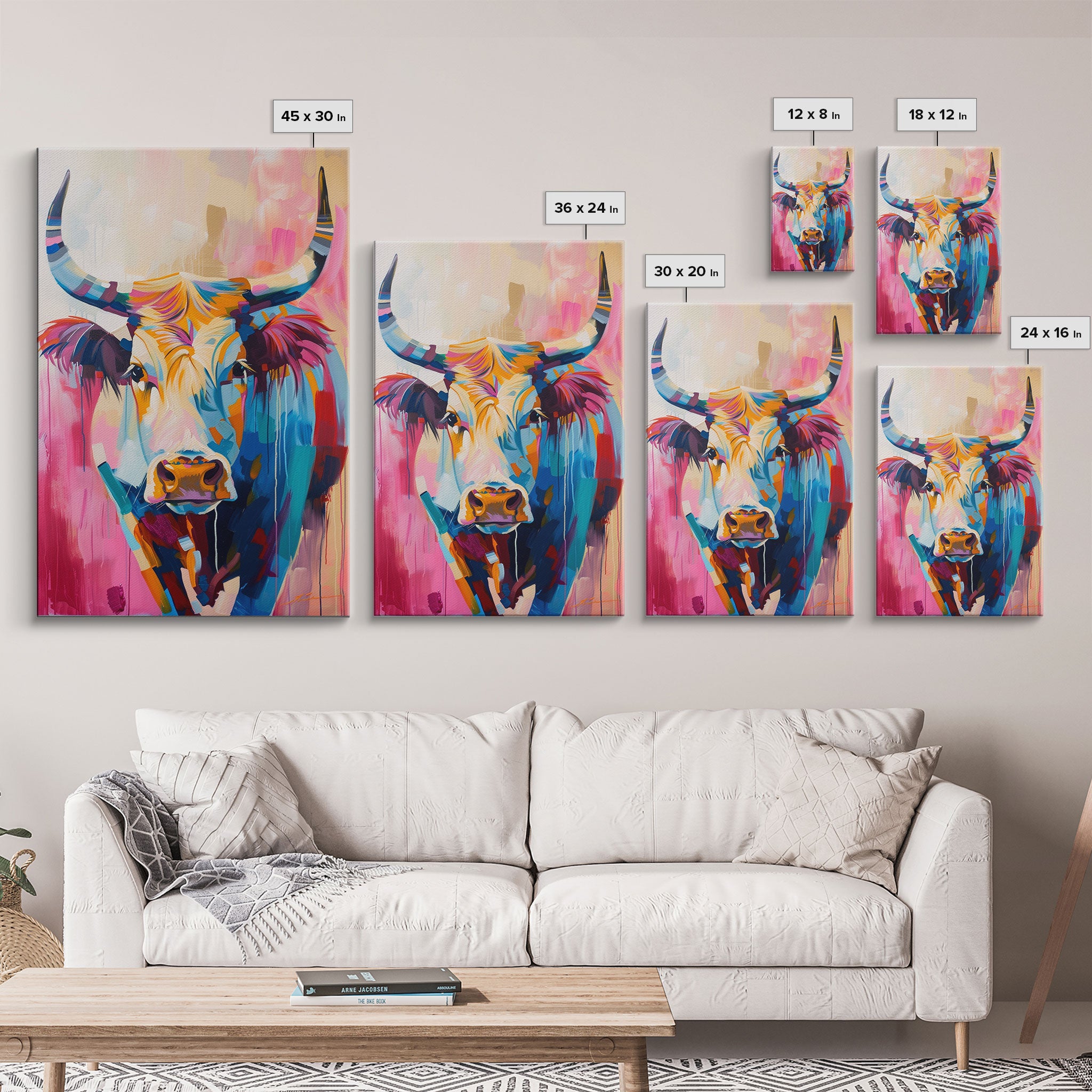 Colorful Cow Portrait - Framed Canvas Print, Vibrant Wall Art, Modern Living Room Decor, Bold Animal Artwork, Cow Art Print, Bedroom Decor