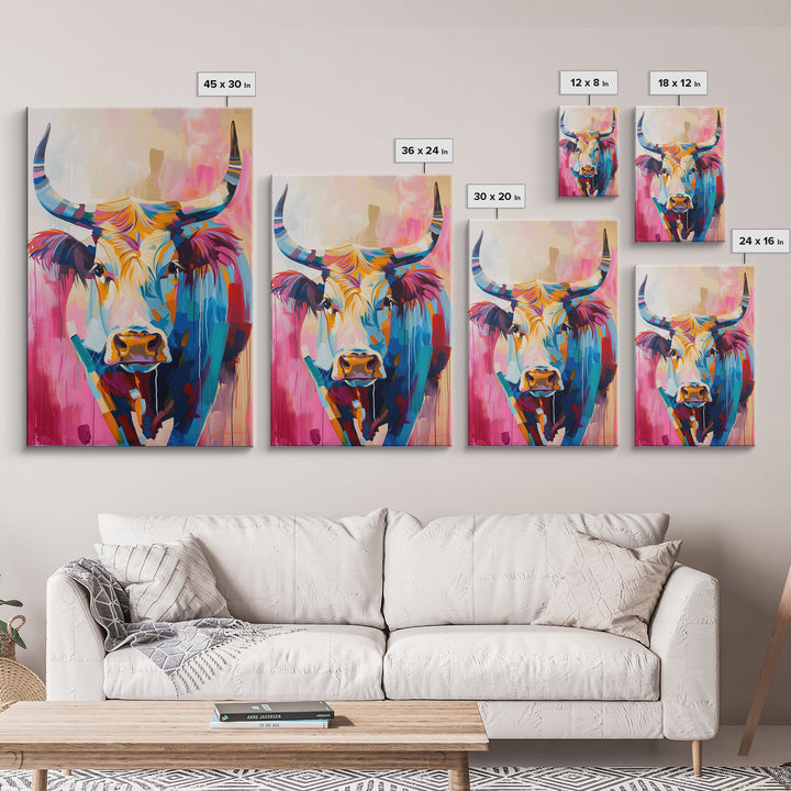 Colorful Cow Portrait - Framed Canvas Print, Vibrant Wall Art, Modern Living Room Decor, Bold Animal Artwork, Cow Art Print, Bedroom Decor