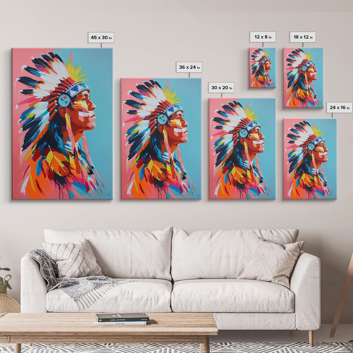 Colorful Native American Portrait - Framed Canvas Print, Vibrant Wall Art, Modern Living Room Decor, Bold Cultural Artwork, Native Art Print