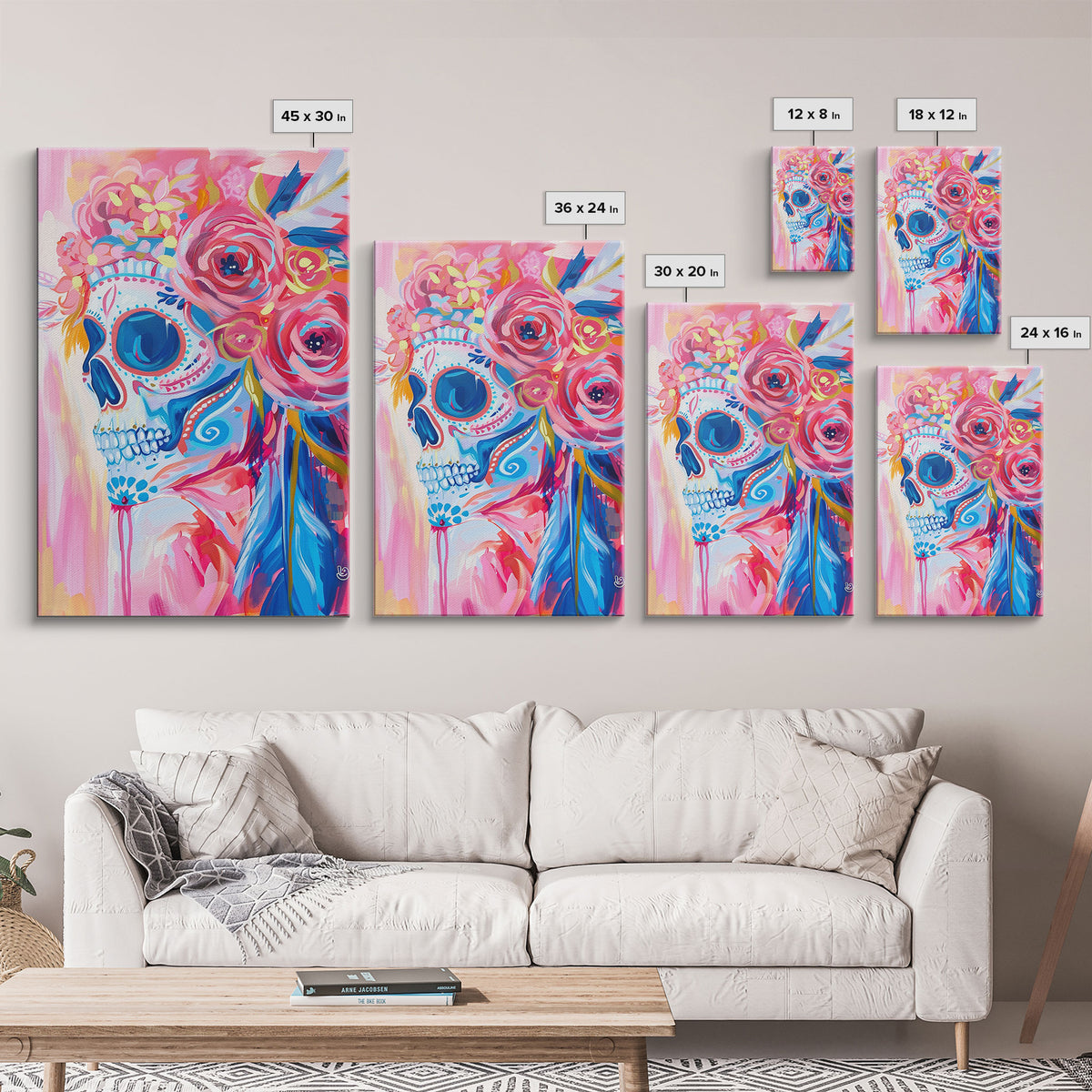 Floral Sugar Skull Framed Canvas Print - Day of the Dead Art, Colorful Wall Art, Living Room Decor, Mexican Folk Art for Bedroom