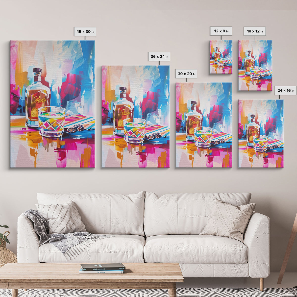 Colorful Whiskey Bottle and Glass Framed Canvas Print - Modern Bar Art, Living Room Decor, Vibrant Wall Art for Home Decoration