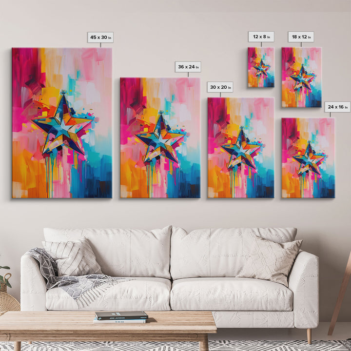Colorful Abstract Star Wall Art - Framed Canvas Print, Modern Living Room Decor, Vibrant Star Artwork, Bedroom Wall Art