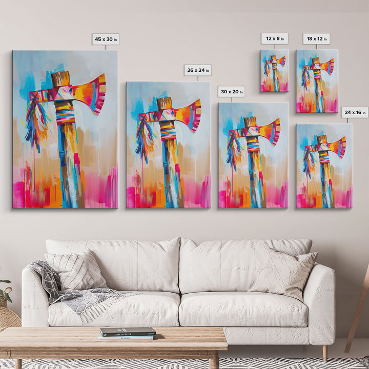 Colorful Feathered Axe Art - Framed Canvas Print, Vibrant Living Room Decor, Unique Wall Art, Modern Home Decor