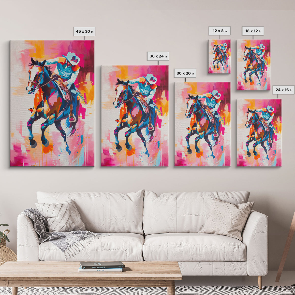 Colorful Cowboy Riding Horse Art - Framed Canvas Print, Vibrant Western Decor, Unique Living Room Wall Art, Home Decor