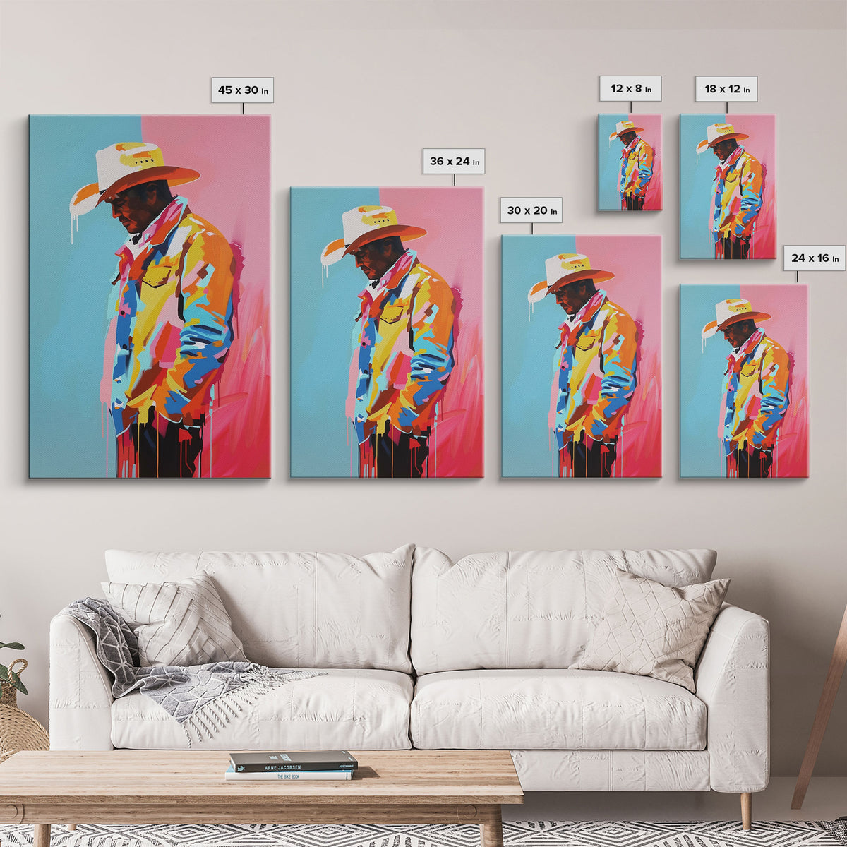 Colorful Pensive Cowboy Art - Framed Canvas Print, Vibrant Living Room Decor, Unique Wall Art, Modern Home Decor