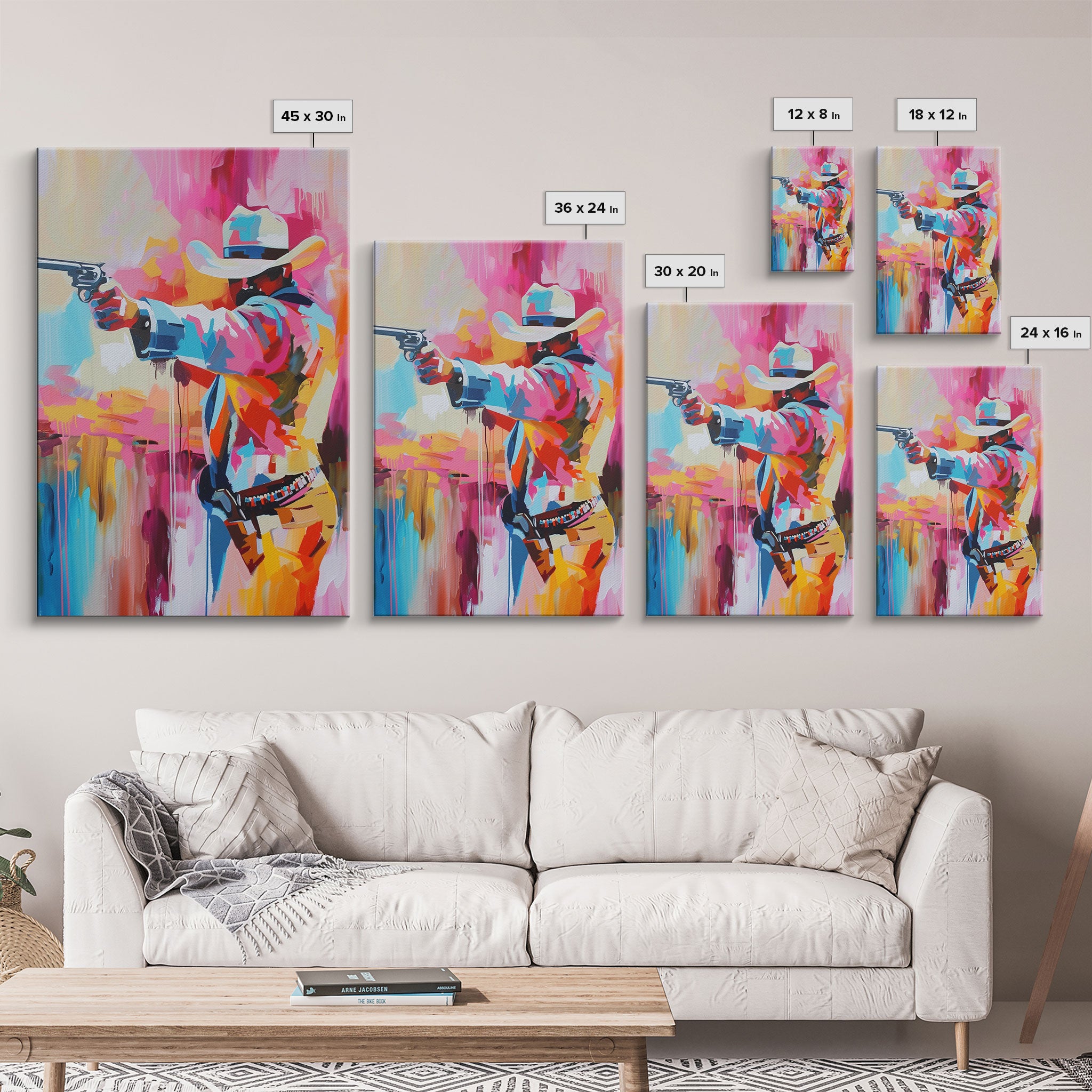 Dynamic Cowboy with Gun - Framed Canvas Print, Action-Packed Western Art, Bold Cowboy Wall Art for Living Room Decor