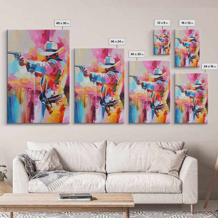 Dynamic Cowboy with Gun - Framed Canvas Print, Action-Packed Western Art, Bold Cowboy Wall Art for Living Room Decor