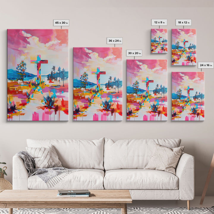 Cross on Vibrant Landscape - Framed Canvas Print, Colorful Western Art, Inspirational Wall Art for Living Room Decor