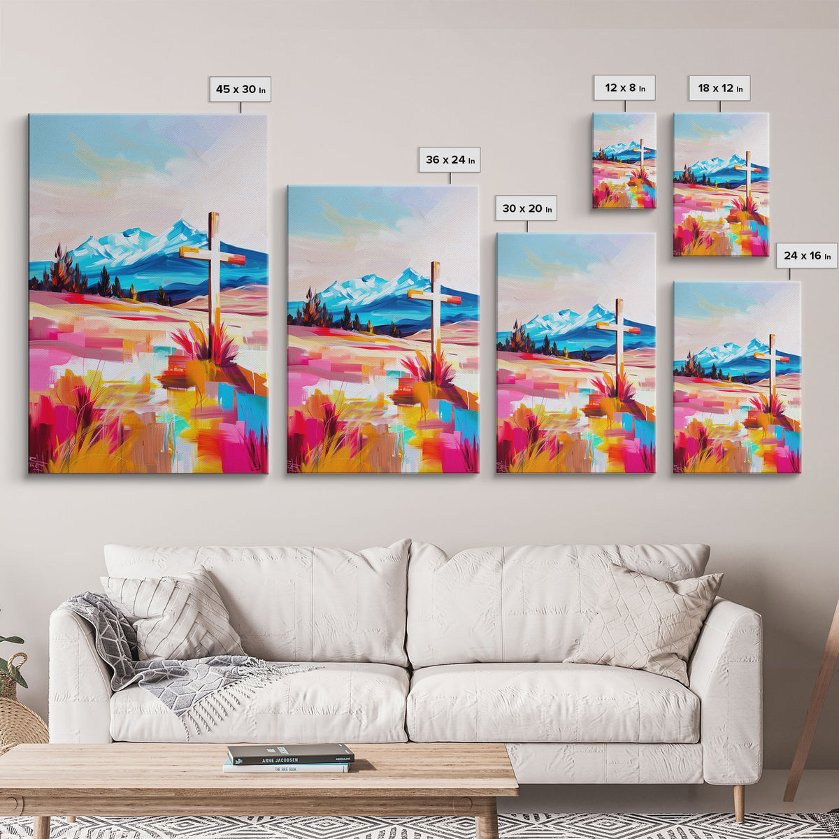 Cross with Mountain Backdrop - Framed Canvas Print, Scenic Western Art, Inspirational Wall Art for Bedroom Decor