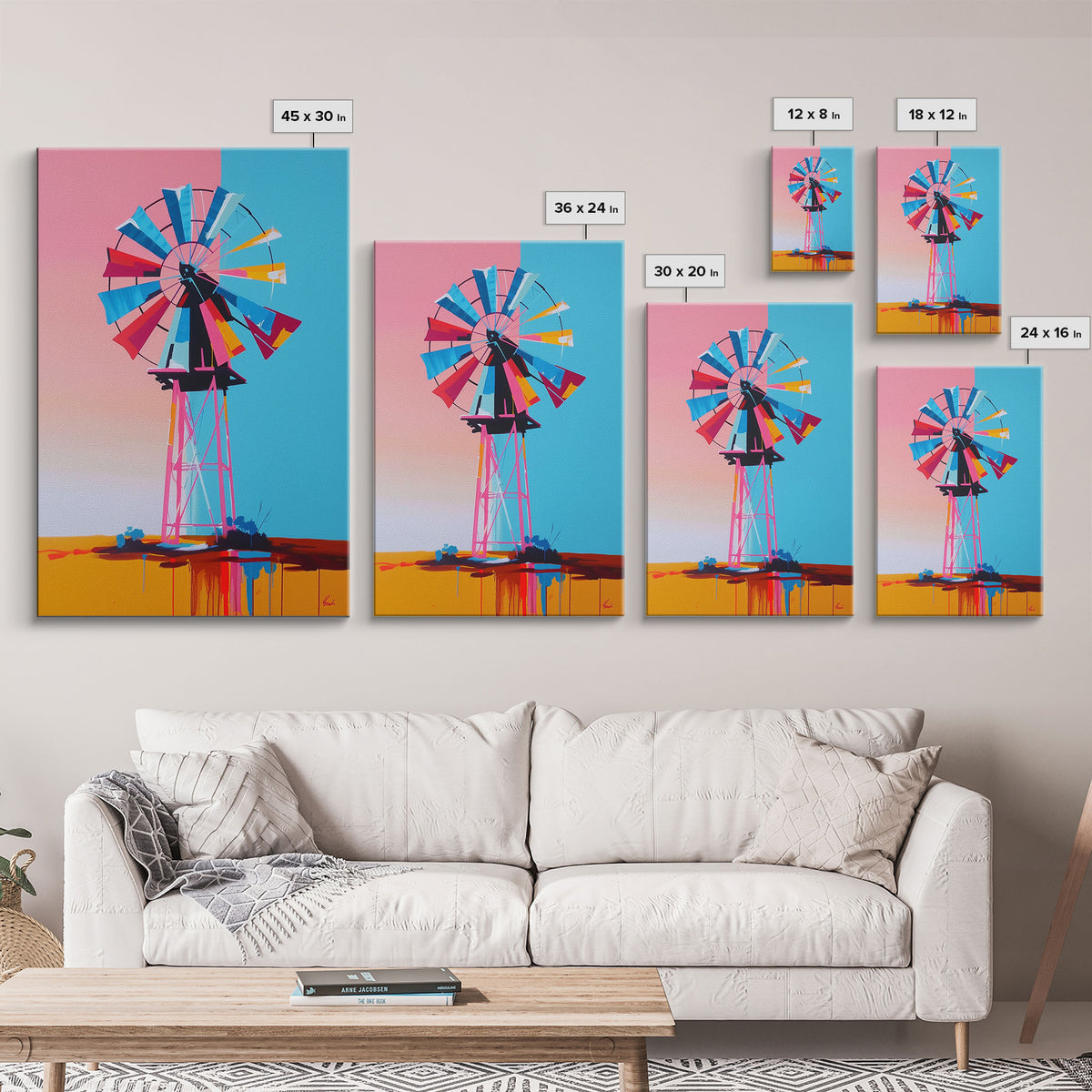 Bright Windmill Abstract Art - Framed Canvas Print, Whimsical Windmill Decor, Colorful Farmhouse Wall Art, Unique Living Room Decor